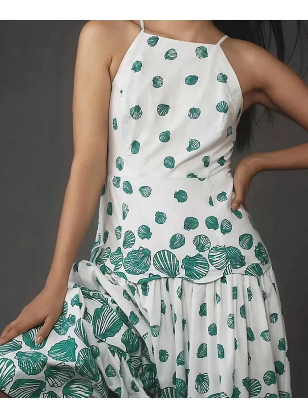 Anthropologie Maeve Halter Tiered Cotton Green/ White Seashell Maxi Dress, M